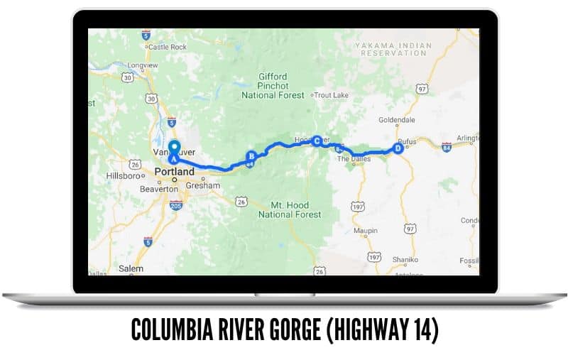 Mapa de ruta del desfiladero del río Columbia - Carreteras paisajísticas del estado de Washington