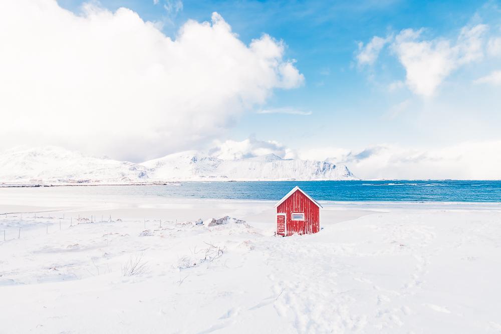 Ramberg Strand Rambergstranda Lofoten Noruega Invierno Nieve Hielo Marzo